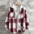 thumbnail image 4 of Flannel Hoodie Plaid Shirts for Men Button Up Pockets Casual Colorblock Hooded Long Sleeve Shacket Jackets Fall (XL, Wine), 4 of 7