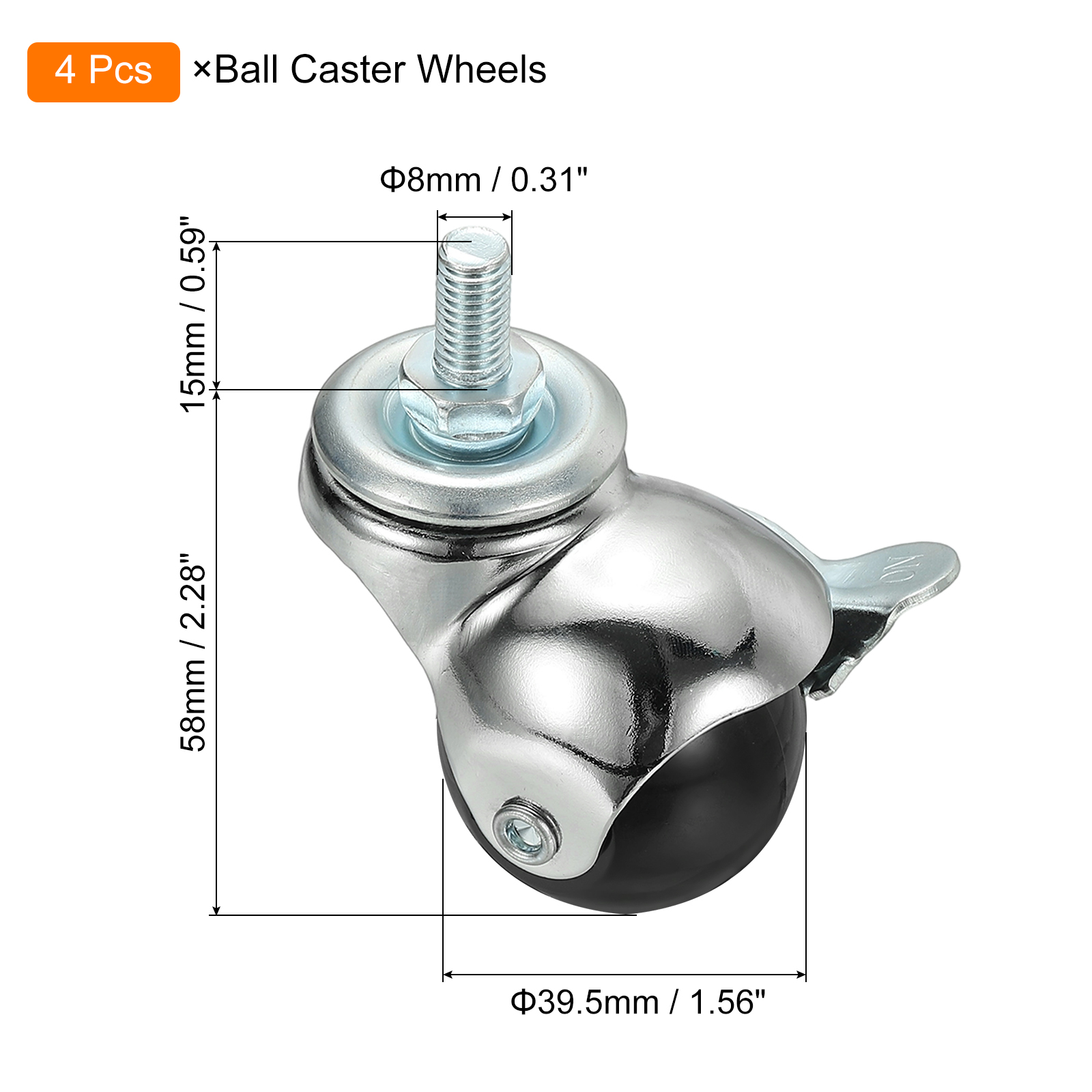 Uxcell 1.5" Ball Caster Wheels, 4 Pcs Threaded Stem Caster 360 Degree Rotatable Caster Wheels Brake for Furniture,Chrome
