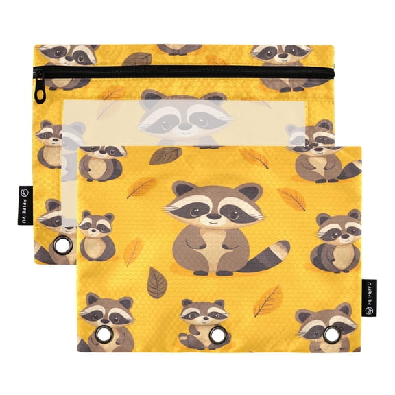 2 Pack 3 Ring Binder Pouch with Clear PVC Window Water Resistant Zipper Pencil Pouch Cute Cartoon Raccoon Binder Pocket for Classroom Office Home Stationery Organization