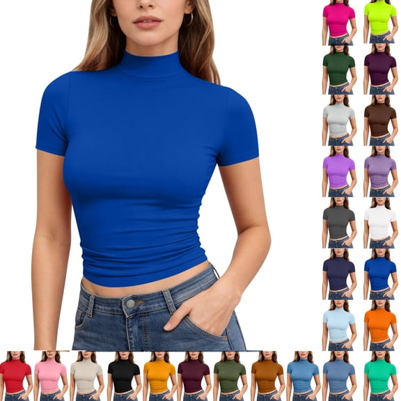 Yifymode Womens Tops Mock Neck Short Sleeve Slim Basic Summer Fall Basic Tee Mock Turtleneck Tops Women Slim Fit Fashion Top