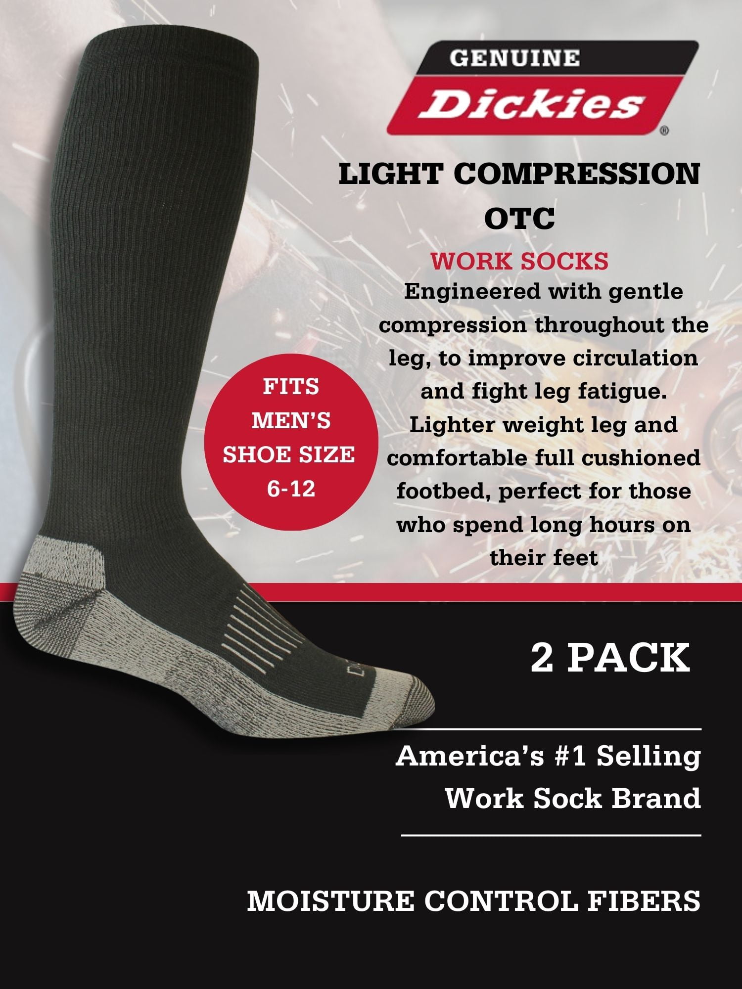 Genuine Dickies Men's OTC Compression Crew Sock, 2 Pack