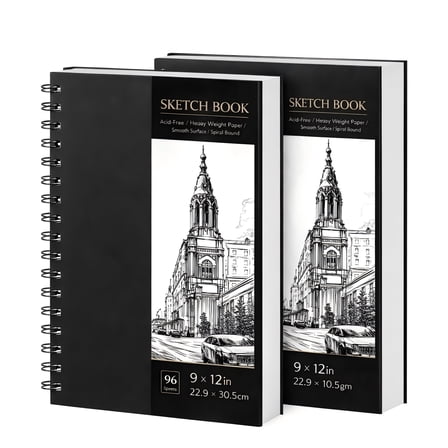 2 Pack Sketchbook 9x12, Spiral Sketch Book with 100gsm Thick Paper - Black Hardback Art Drawing Pad for Sketching