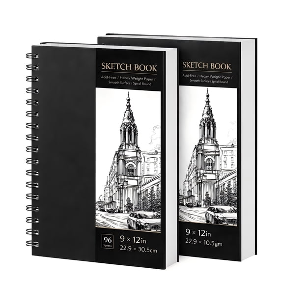 2 Pack Sketchbook 9x12, Spiral Sketch Book with 100gsm Thick Paper - Black Hardback Art Drawing Pad for Sketching