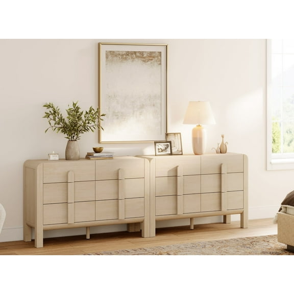 Mid Century 6 Drawer Dresser Set of 2, 47.2" Modern Chest of Drawers with Storage, Curved Profile Wood Double Dresser for Bedroom, Living Room, Hallway