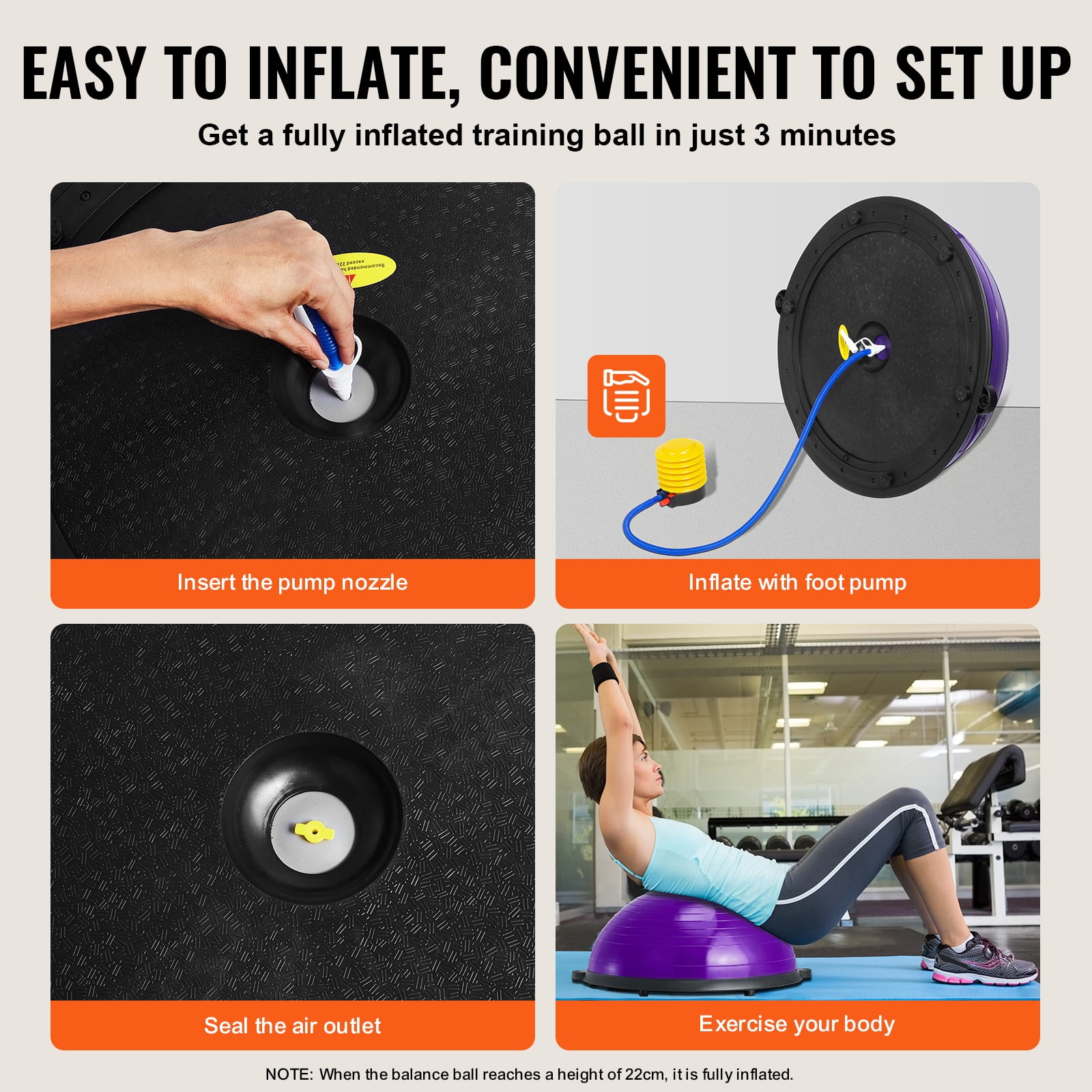 KFFKFF Semi Fitness Ball Equipment, 23-inch Equilibrium Ball Device, 660lbs Capacity Ball, Yoga Sphere with Resistance Loops & Foot Inflator, for Domestic Gym, Comprehensive Body Exercise, Violet