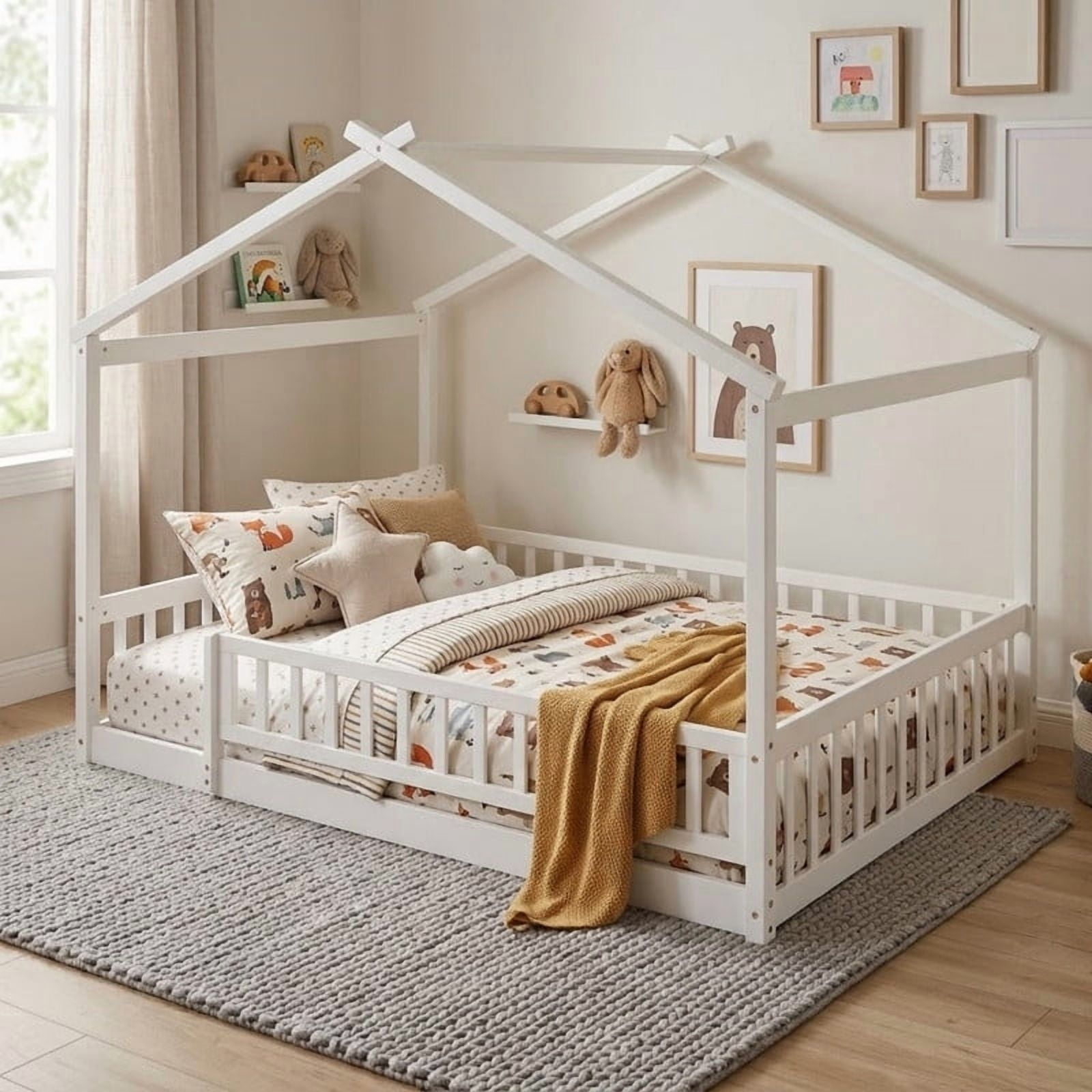 Full Size Wood House Bed with Fence and Roof Frame, Kids Floor Montessori Bed with Safety Guardrails, Sturdy Pinewood Playhouse Bed for Boys Girls