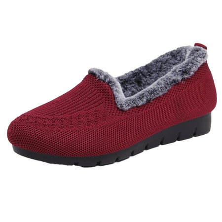 

Velvety Comfort Women Casual Fashion Flat Fuzzy Thickening Warm Comfy Cotton Shoes for Indoor Outdoor 36 Red