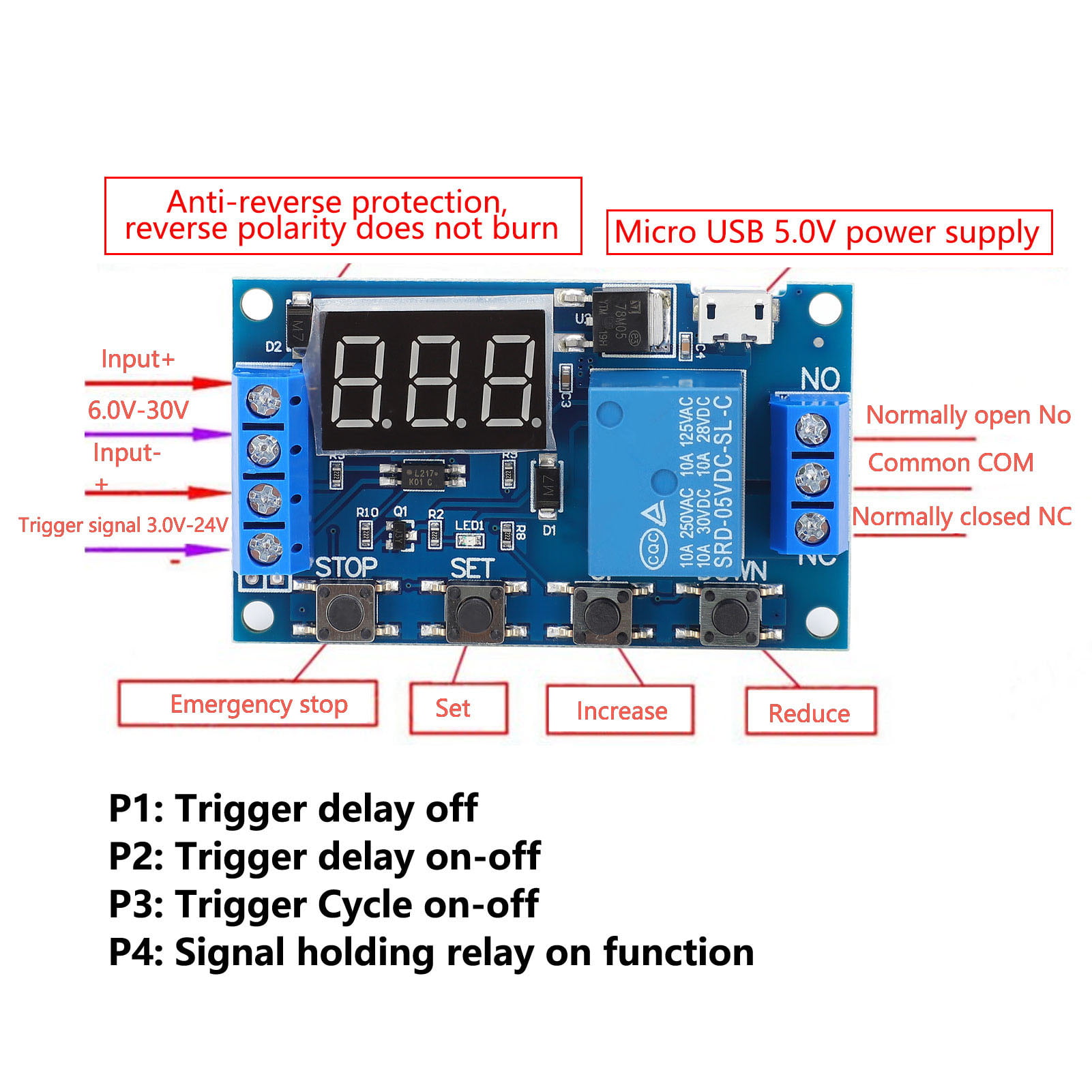 DC 6-30V Digital LED Relay Board Cycle Timing Circuit Switch Timer Delay Trigger Module Micro USB 5V 