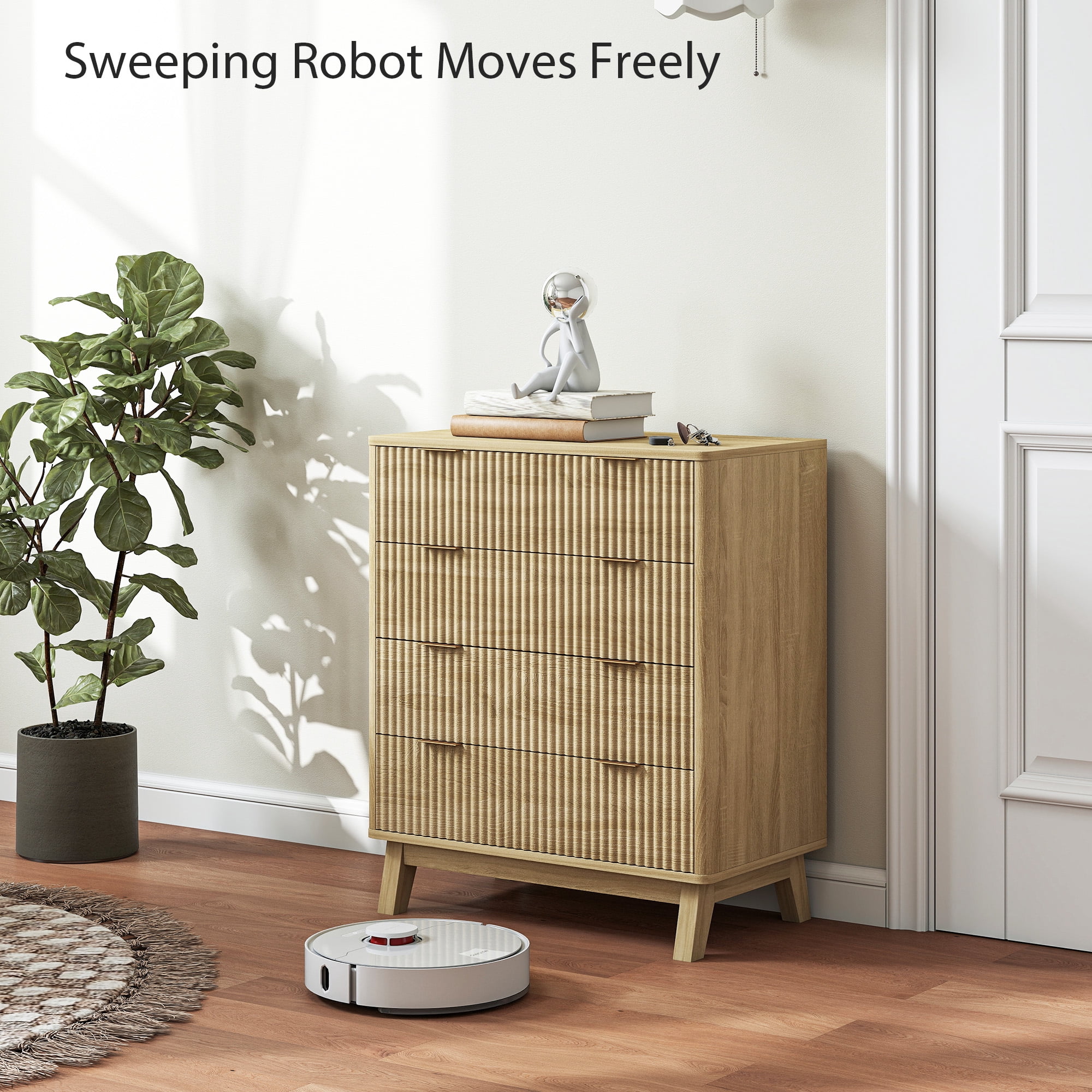 HOMCOM Fluted Dresser for Bedroom with 4 Drawers, Chest of Drawers with Gold Finger Pulls and 4 Wood Legs, Natural Wood