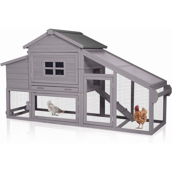 MEDEHOO Chicken Coop on Wheels, Mobile Chicken House, Wooden Hen Houses, Outdoor Rabbit Hutch, for 2-4 Chickens 67" (Gray)