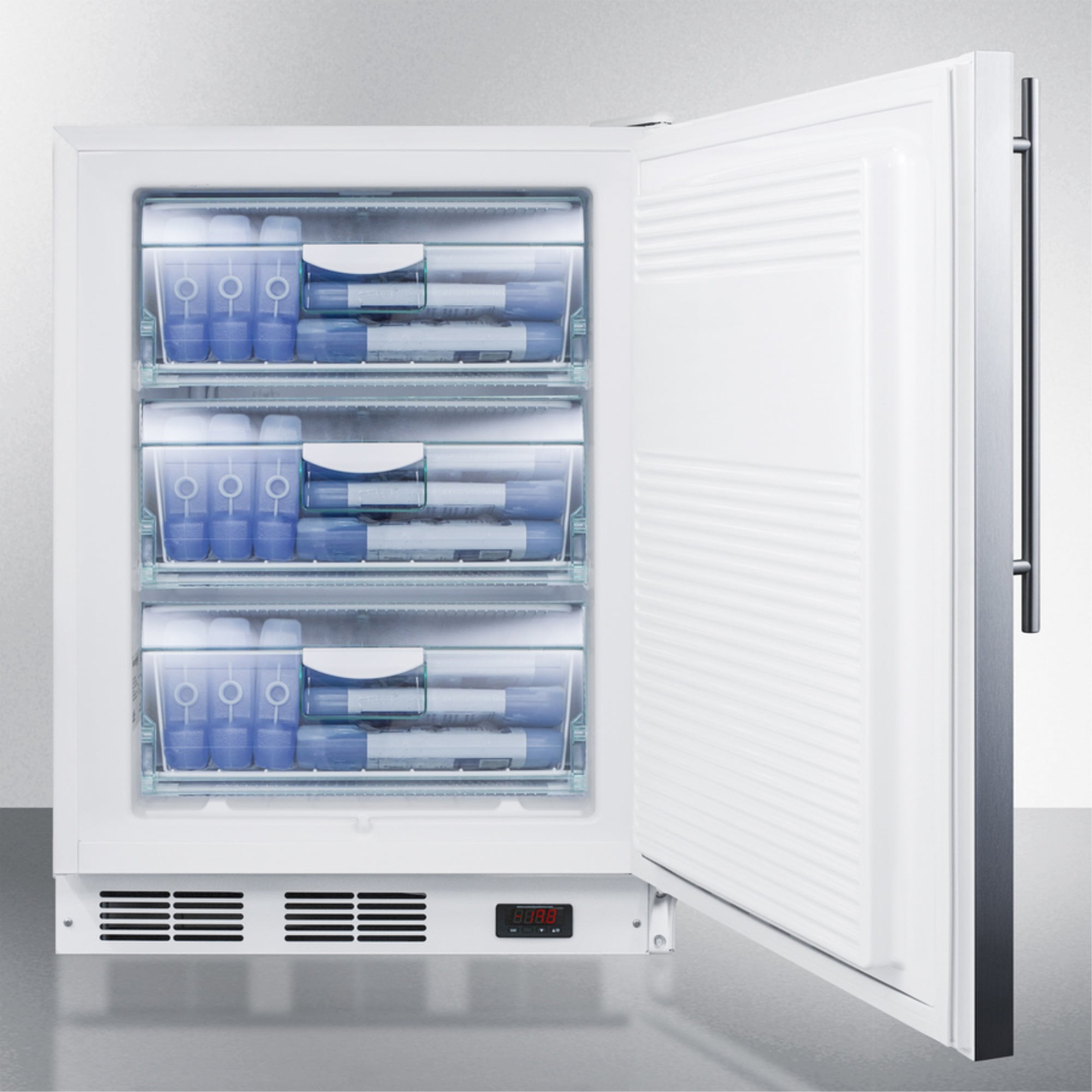 ADA compliant built-in medical all-freezer capable of -25 C operation, with lock, stainless steel door, thin handle, and white cabinet