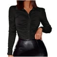 thumbnail image 1 of GigrtiJin Women V Neck Ruched Crop Tops Long Sleeves Button down Blouse Spring Fall Solid Color Trendy Shirts, 1 of 7