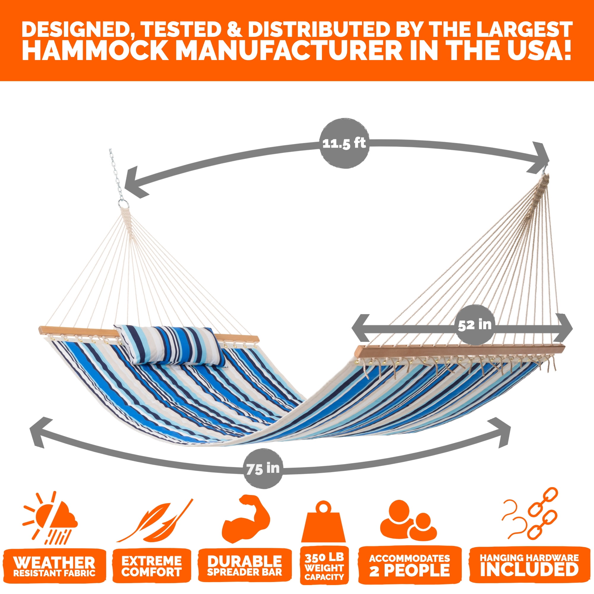 Large Double Quilted Hammock with Detachable Pillow - Blue/Beige Stripe