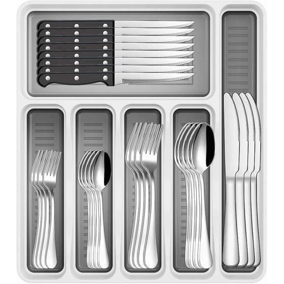 48-Piece Silverware Set with Tray for 8, Stainless Steel Silverware Sets with Organizer, Flatware Cutlery Set with Steak Knives, Dishwasher Safe Kitchen Utensils Set