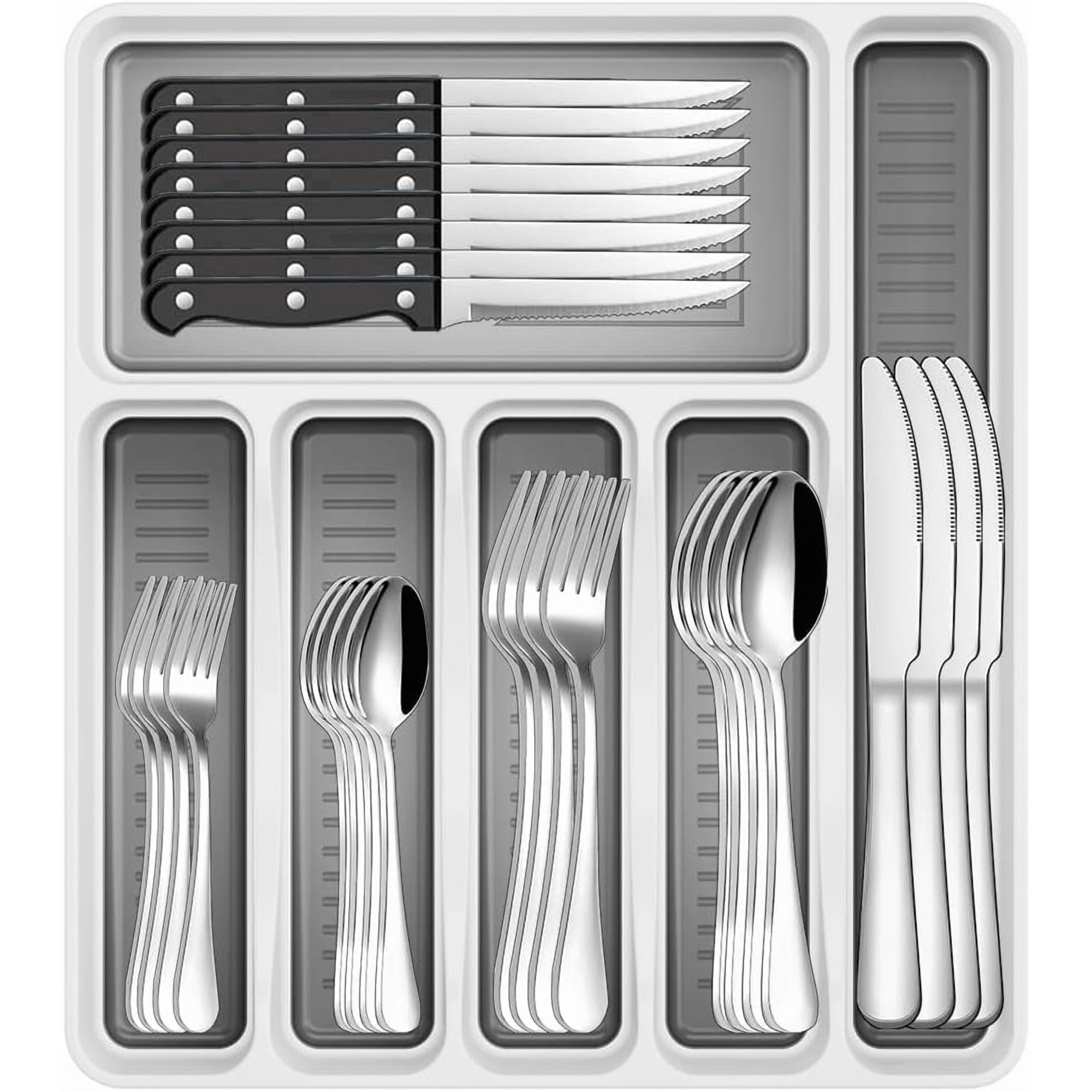 48-Piece Silverware Set with Tray for 8, Stainless Steel Silverware Sets with Organizer, Flatware Cutlery Set with Steak Knives, Dishwasher Safe Kitchen Utensils Set