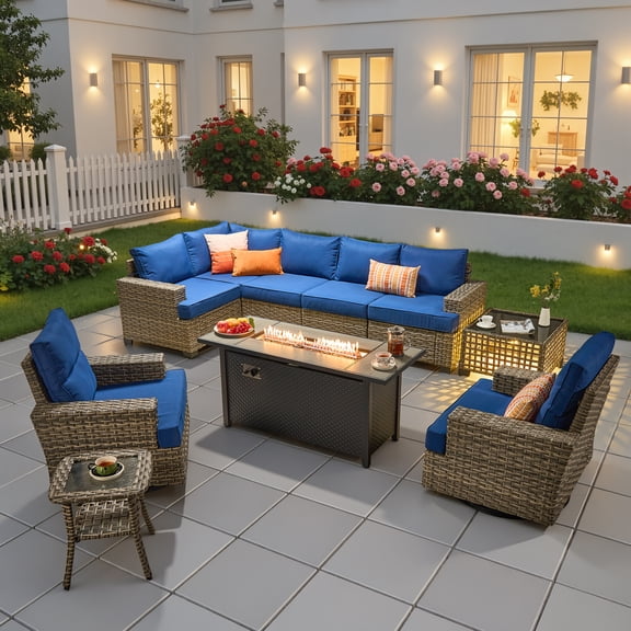 Ovios 10 Pieces Outdoor Patio Sectional Furniture with 54" Fire Pit Table All-Weather Wicker Conversation Set with Swivel Chairs,Smart Table, Navy Blue