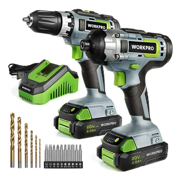 Kit combinado de taladro inalámbrico WORKPRO de 20 V con taladro/destornillador de impacto