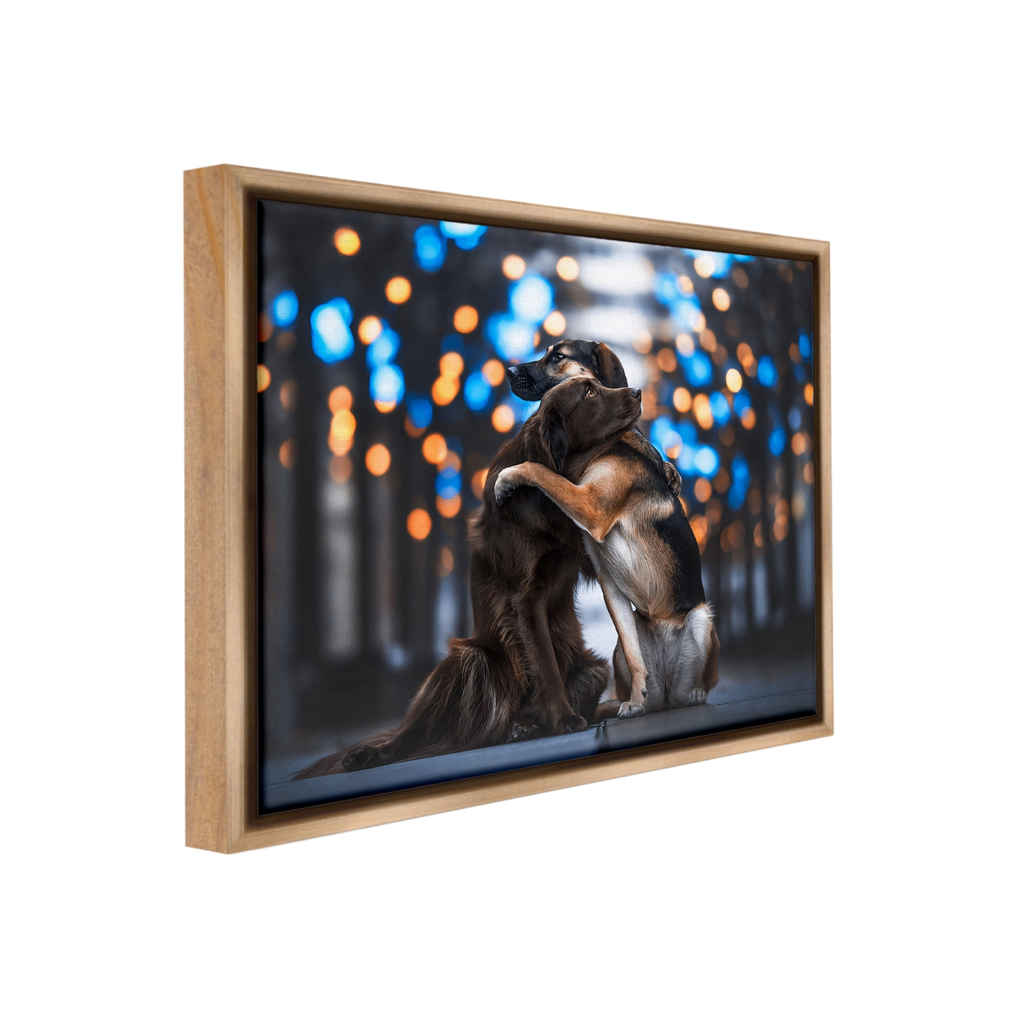 Stupell Industries Hugging Dogs with Bokeh Animals & Insects Painting Brown Floater Framed Canvas Art Print Wall Art, 31 x 25