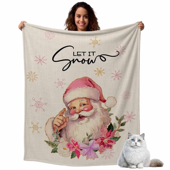 Flannel Fleece Throw Blankets Santa Claus Pink Snowflake Throws Blankets, Poinsettia Flower Retro Linen Lightweight Soft Warm Blanket for Couch Sofa Bed Living Room All Season Use, 40x50in