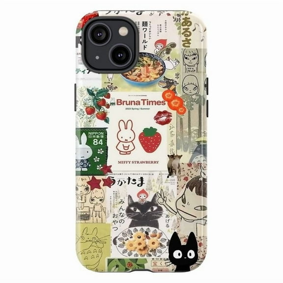 Vintage Japanese Collage Art Phone Case, Rabbit, Black Cat Design Cover for iPhone 11 12 13 14 15 16 17 Pro Max