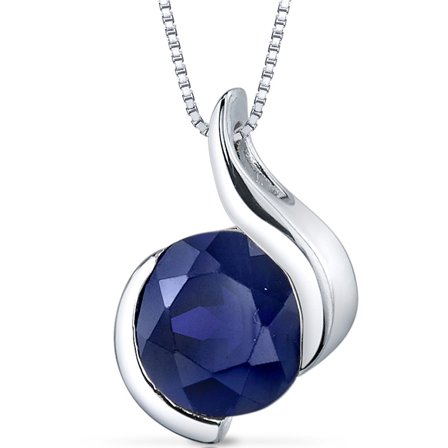 Peora 2.75 Carats Created Blue Sapphire Pendant Necklace for Women 925 Sterling Silver, Open Bezel Wave Solitaire, Round Shape 8mm with 18 inch Chain