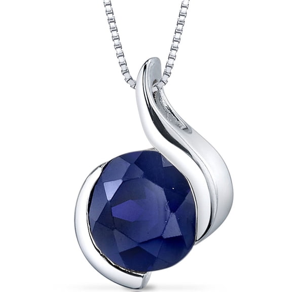 Peora 2.75 Carats Created Blue Sapphire Pendant Necklace for Women 925 Sterling Silver, Open Bezel Wave Solitaire, Round Shape 8mm with 18 inch Chain