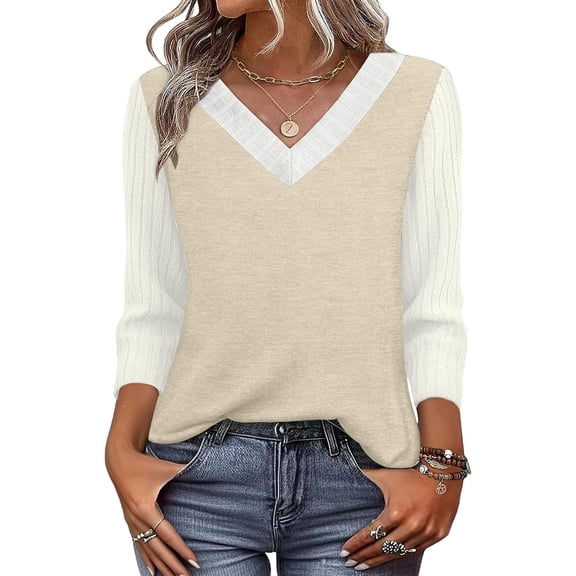 Stichou Womens 3/4 Sleeve Tops Dressy Casual Shirts Fall Lightweight Tops Outfits Travel Vacation Spring Clothes Beige 2XL