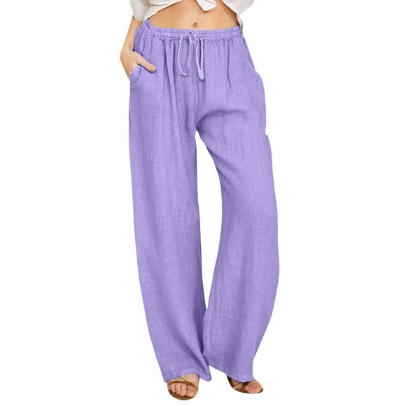 Womens Slacks Summer Thin High Waisted Wide Leg Pants Drawstring Elastic Straight Leg Trousers with Pockets Womens Sweat Pants Purple M