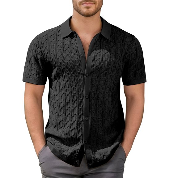 MIXUE Mens Casual Button Down Shirts Solid Color Lapel Summer Short Sleeve Fashion Shirt Tops Activewear,Black,L