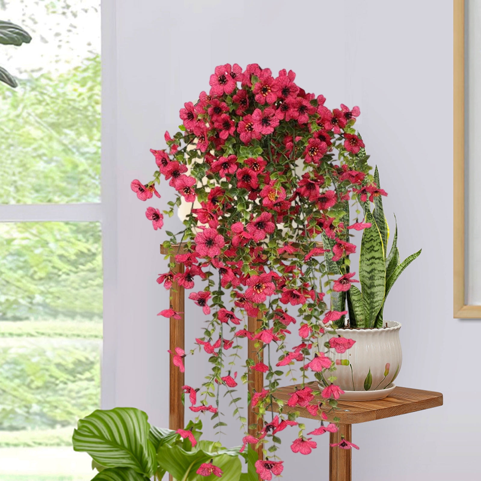 Kbndieu 2PCS Artificial Fake Hanging Flowers Plants Violet Flower for Outdoors, Faux Silk Spring Summer Flower for Garden Porch Patio Balcony Yard Wedding Decor
