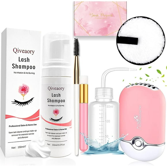 AIR-120ml/4.04fl.oz Eyelash Extension Cleanser, Lash Shampoo for Eyelash Extension Eyelash Brush with Cap USB Lash Fan Mascara Brush Wash Bottle Reusable Makeup Remover Pad, Paraben & Sulfate Free (R