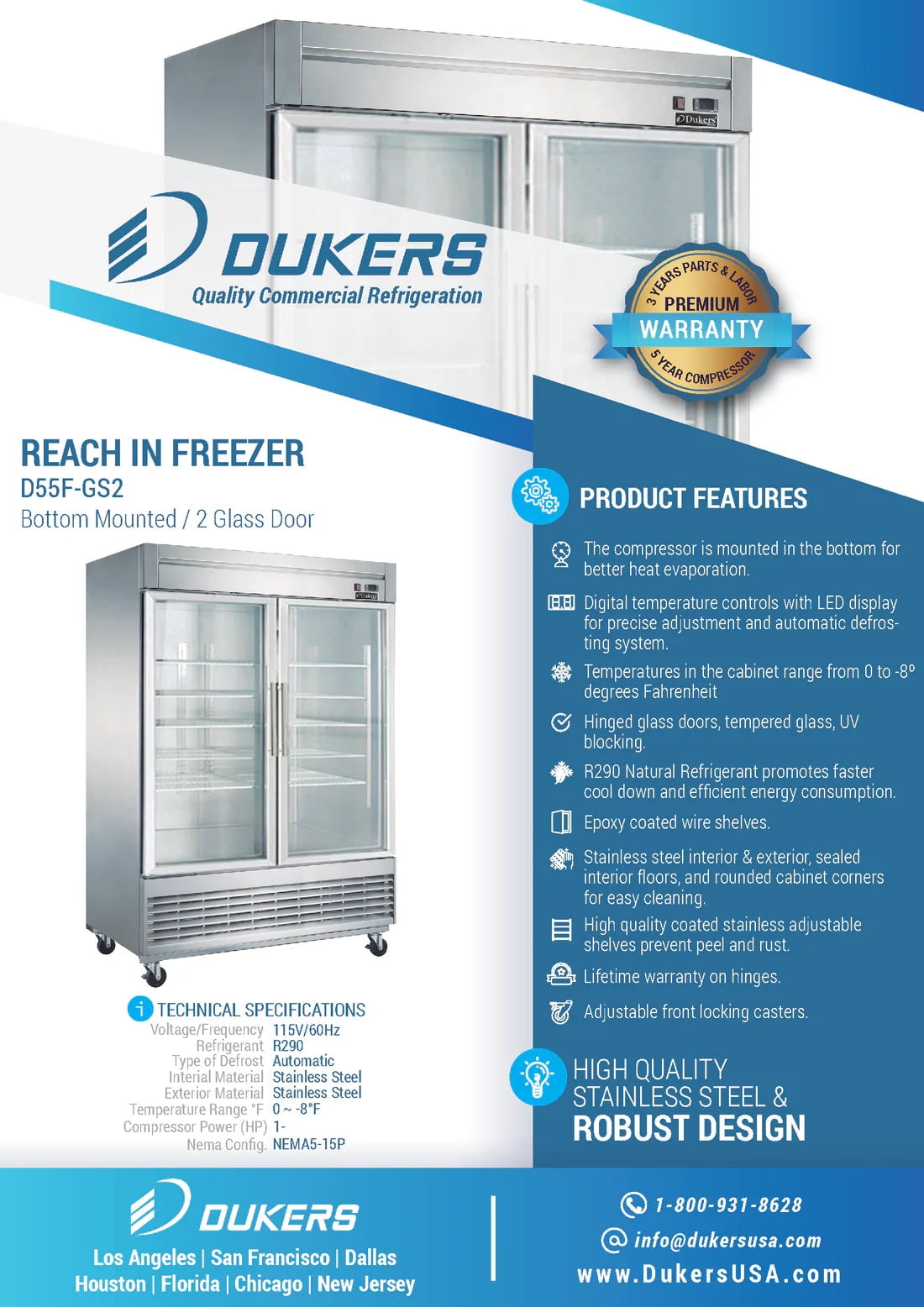 D55F-GS2 Bottom Mount Glass 2-Door Commercial Reach-in Freezer