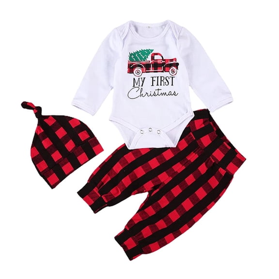 StylesILove Infant Baby Boys My First Christmas Truck Tree Bodysuit, Buffalo Plaid Pants & Hat 3pcs Cotton Holiday Outfit (24 Months)