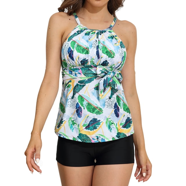 Charmo Womens Tankini Bath Suits Tummy Control Halter Two Piece Swimsuit with Belt