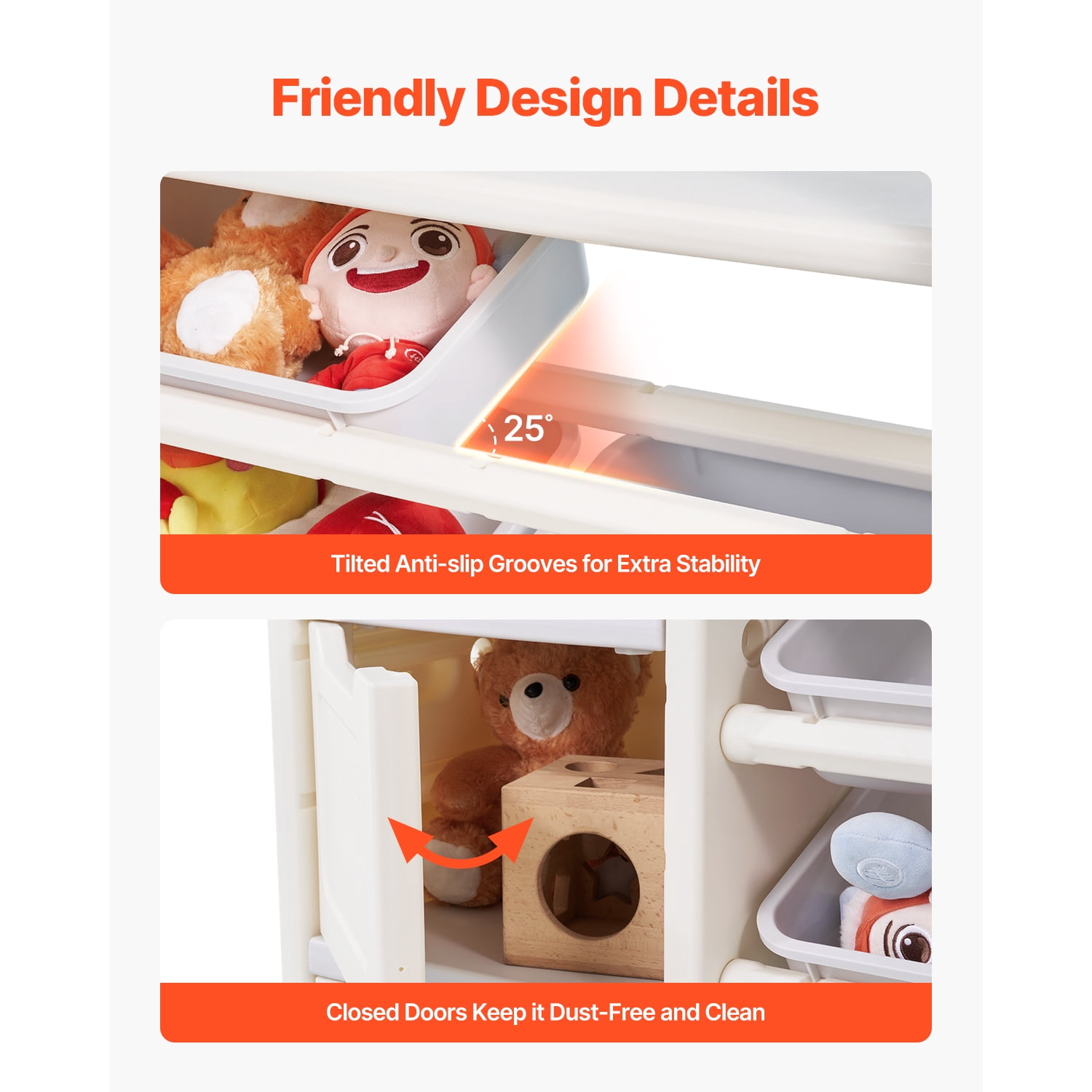 KFFKFF Kids Toy Organizer with Bookshelf, 4-Tier Storage Unit with 10 Removable Plastic Bins, Multi-Functional Cabinet for Study Room, Bedroom, Playroom, Classroom, Nursery, Gray and Beige