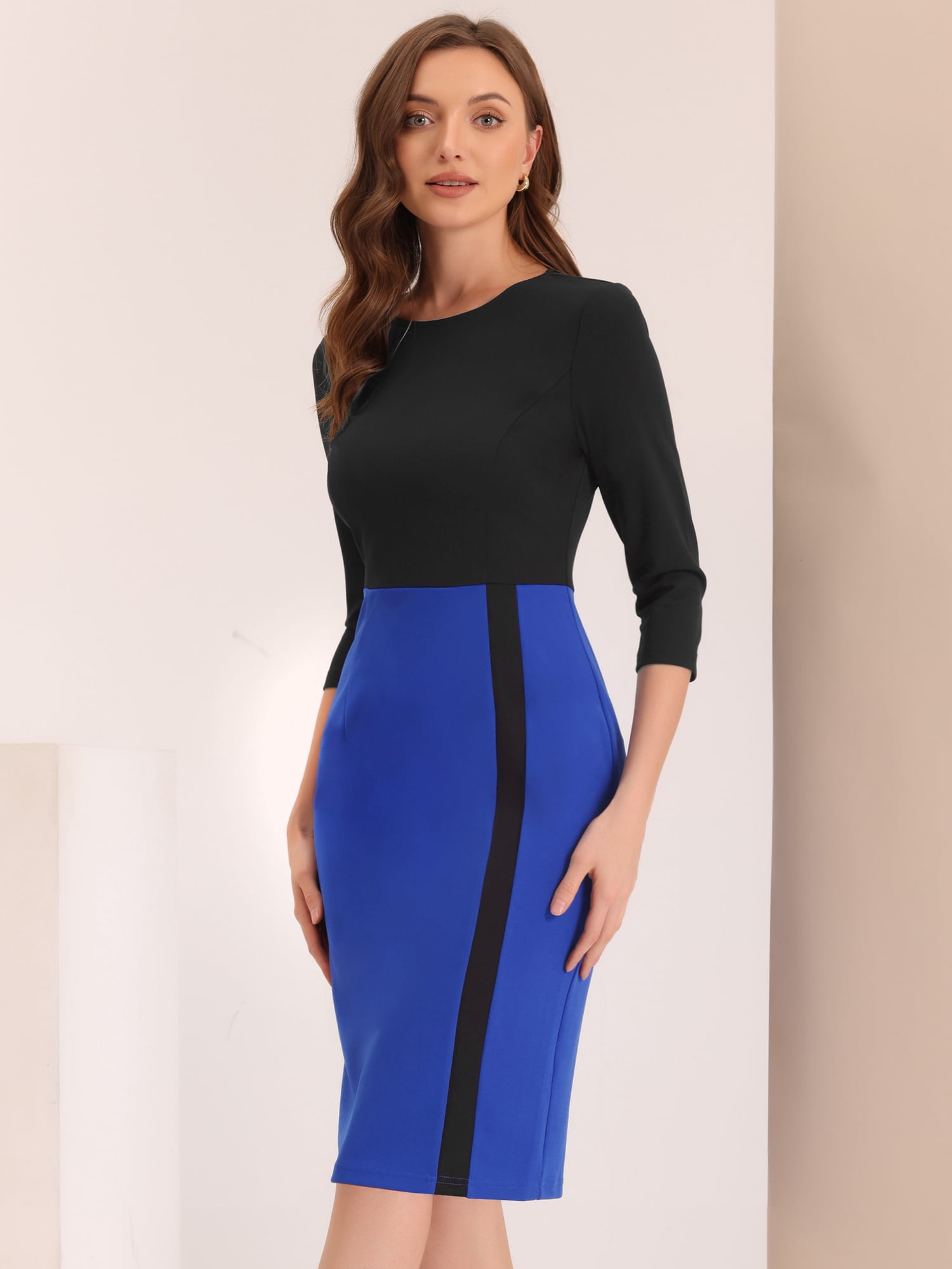 DARING DIVA Round Neck 3/4 Sleeves Contrast Sheath Elegant Pencil Dress L Black