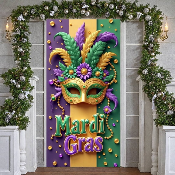 Gold Mask Mardi Gras Banner Green Feather Carnival Display Purple Flower Bead Decoration Festive Backdrop for Carnival Party Festive Celebration Parade Event