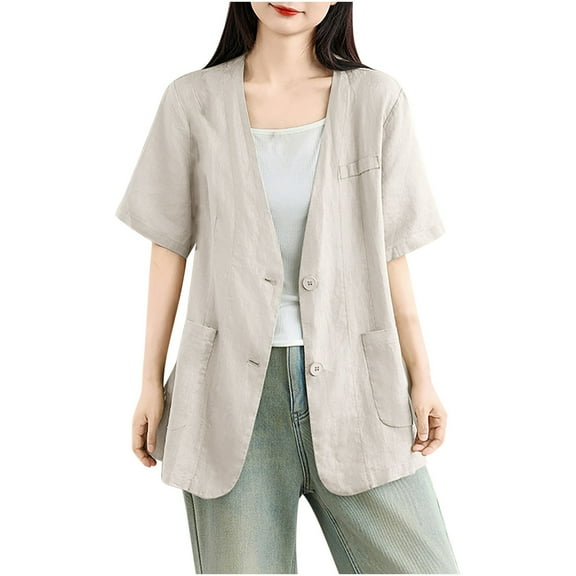 APEXFWDT Women's Cotton Linen Short Sleeve Cardigan Coat V Neck Button Blazer Jacket for Spring and Summer,XXL,Gray