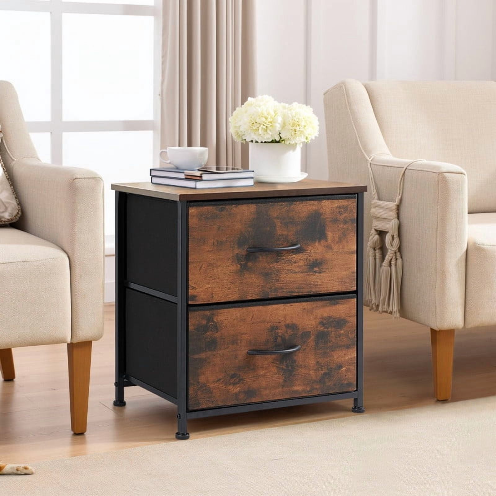 TINKLE WELL Nightstand Set of 2 with 2 Fabric Drawers, End Table 20 inch Tall Side Table for Bedroom, Closet, or Dorm Storage, Brown