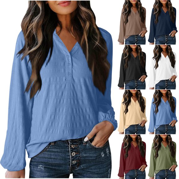 Olyvenn Stylish Womens Tops Dressy Casual Lantern Long Sleeve Shirts Spring Outfits Textured Business Blouses V Neck Button Down Shirts Brown 8