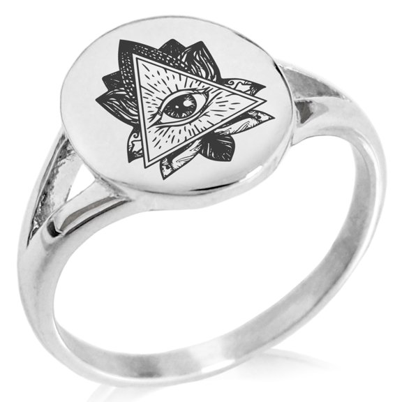 Stainless Steel All Seeing Eye Sacred Lotus Minimalist Oval Top Polished Statement Signet Ring