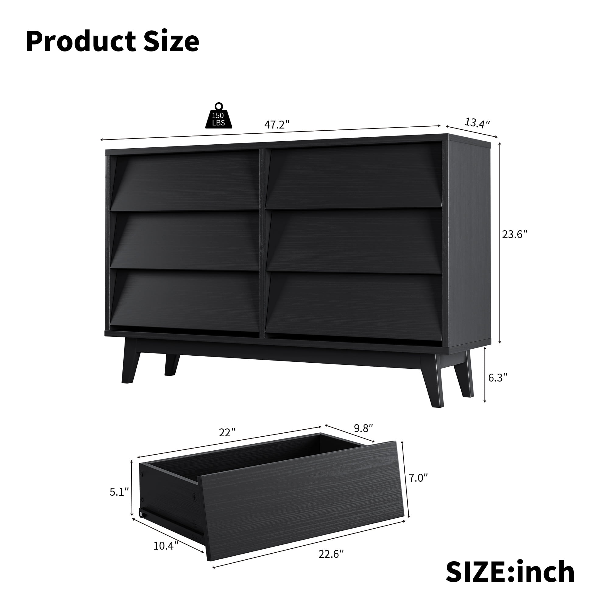 Finihen 6 Drawer Double Dresser Features Vintage-style and Bevel Design, Dresser For Nursery, Kids, Chest Of Drawers, Black Finihen 6 Drawer Double Dresser Features Vintage-style and Bevel Design, Dresser For Nursery, Kids, Chest Of Drawers, Black