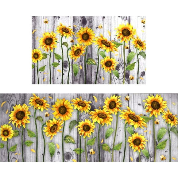 Sunflower Kitchen Rugs and Mats Anti Fatigue, Sunflower Kitchen Mat Cushioned Anti Fatigue 2 Piece Set and Gray Kitchen Floor mat for in Front of Sink for Home Kitchen Decor or Office 17"x30"+17"x47"