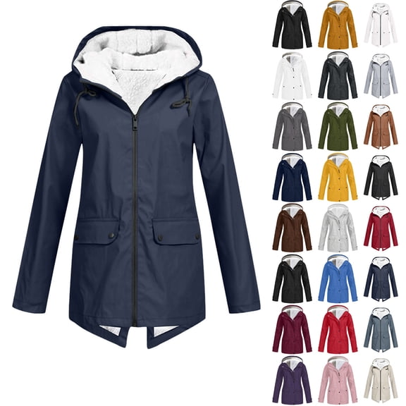 Danhjin Women's Fleece Lined Raincoat Waterproof Rain Jackets Windbreak Hiking Warm Coat Fall Winter Casual Camping Traveling Hooded Zip up Long Sleeve Solid Color Outdoor Fashion Outfits