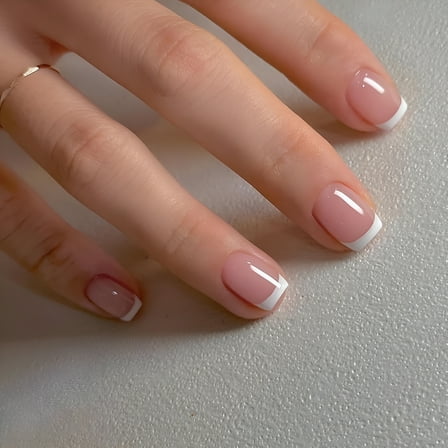 RAGUPEL White French Tip Press on Nails Extra Short Square Fake Nails Mirror Acrylic Nails Press ons Nude Glue on Nails Reusable Stick on Nails for Women Girls Daily Wear Manicure 24pcs