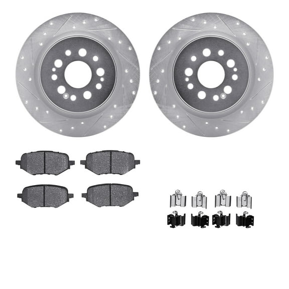 Dynamic Friction Company Rear Brake Rotors-Drilled and Slotted-Silver with 5000 Advanced Brake Pads includes Hardware 7512-59127