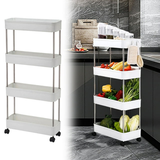 Versatile 4-Tier Shelf Rack for Kitchen and Home Storage 15cm Wide Wheeled Cart with Open Shelves Durable and Stainless Steel White Finish