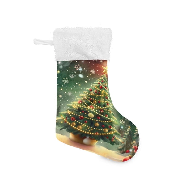 Christmas Stocking with Hanging Loop for Family Holiday Ornament Beautifully Decorated Christmas Tree Pattern