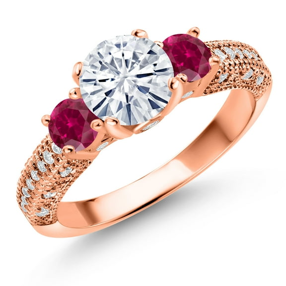 Gem Stone King 18K Rose Gold Plated Silver White Moissanite and Red Created Ruby Engagement Ring for Women (1.78 Cttw, Gemstone, Round 7MM and 4MM, Size 9)