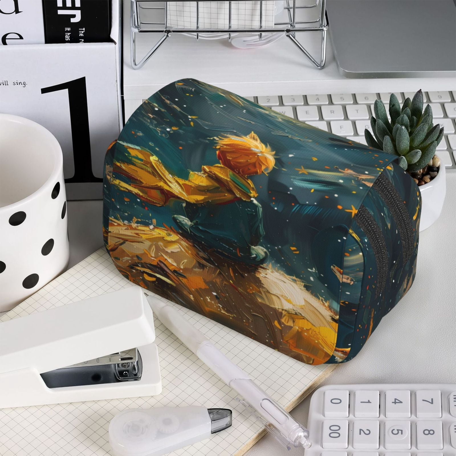 Rateoe Whimsical Starry Night Scene Pattern Double Clamshell Pen Case, Storage Organizer with Two Zipper Compartments– Holds Up to 50 Pencils & Pens